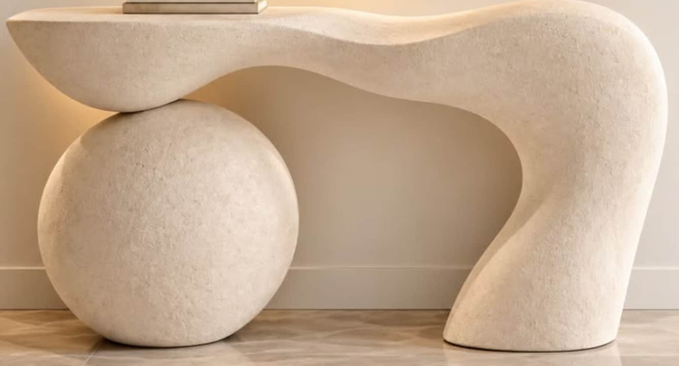 A modern sculptural bench with an organic, biomorphic form, featuring a textured, light-colored mate… — 3D model