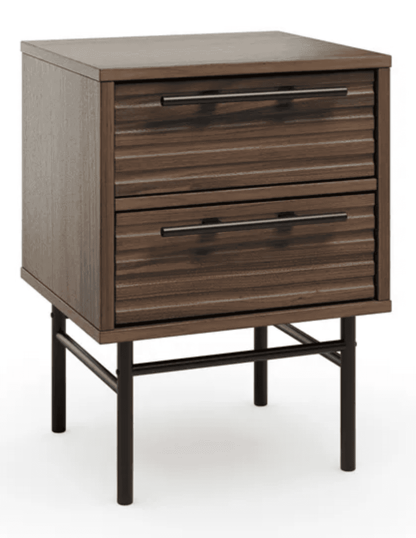 A modern nightstand with a dark wood finish, featuring two drawers with horizontally ribbed drawer f… — 3D model