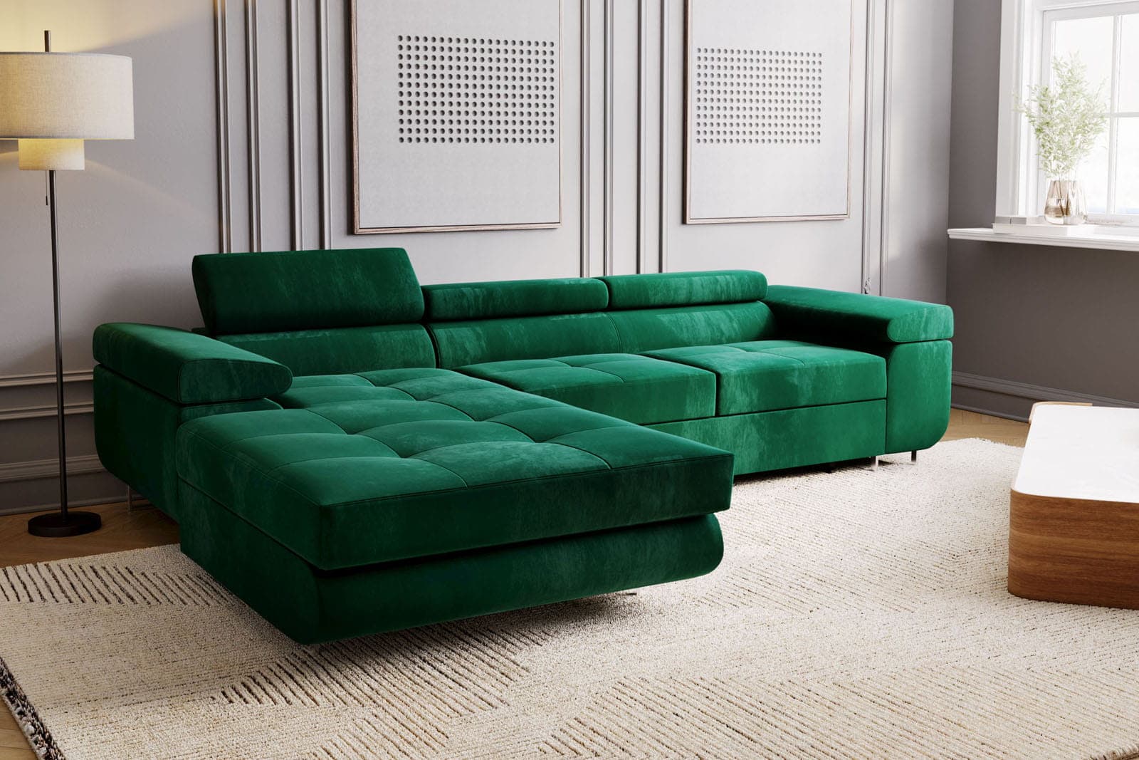 A contemporary sectional sofa upholstered in a deep green velvet fabric. The sofa features a tufted seat cushion design and adjustable headrests. It is configured in an L-shape with a chaise lounge extension. The visible base has a low profile, supported by thin metal legs. — 3D model
