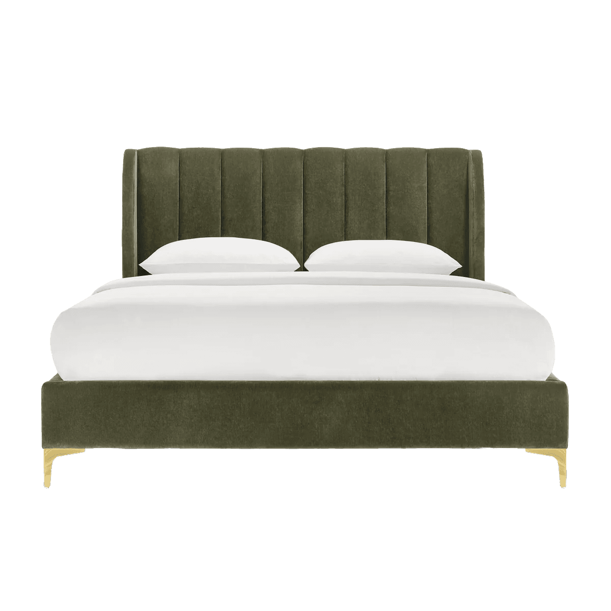 A dark olive green upholstered platform bed featuring a tall, wingback-style headboard with vertical channel tufting. The bed frame is also fully upholstered in the same dark green fabric. It stands on four tapered, gold-finished metal legs, giving it a contemporary and luxurious appearance. The bed is presented with white bedding and two white pillows. — 3D model