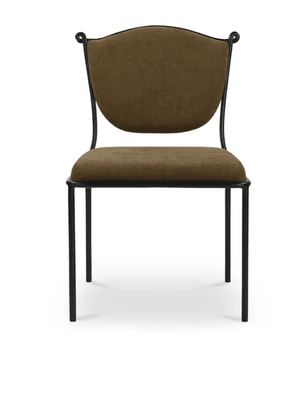 An armless dining chair featuring a black metal frame with an upholstered seat and a curved, upholstered backrest in an olive-green fabric. The frame includes subtle scrolled detailing at the top of the back. — 3D model