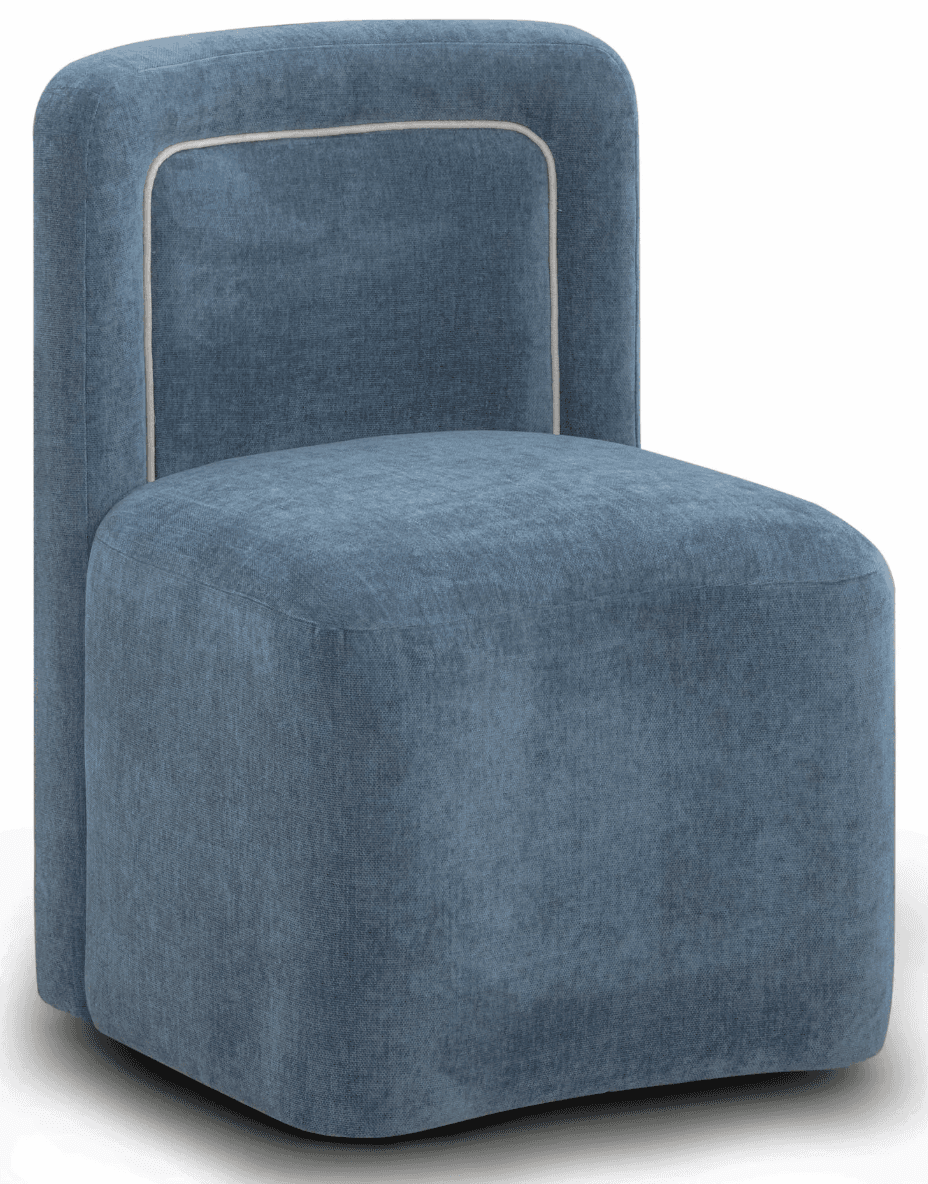 A modern, upholstered armchair with a rounded back and seat. It features a soft blue fabric and a de… — free OBJ 3D model