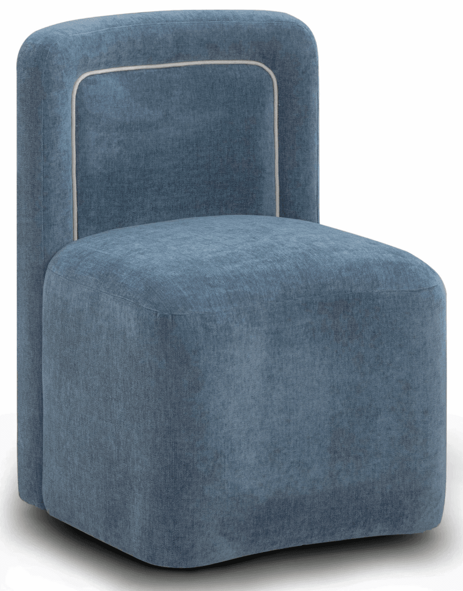 A modern, upholstered armchair with a rounded back and seat. It features a soft blue fabric and a decorative piping detail in a lighter shade outlining the top edge of the backrest and the front edge of the seat. — 3D model