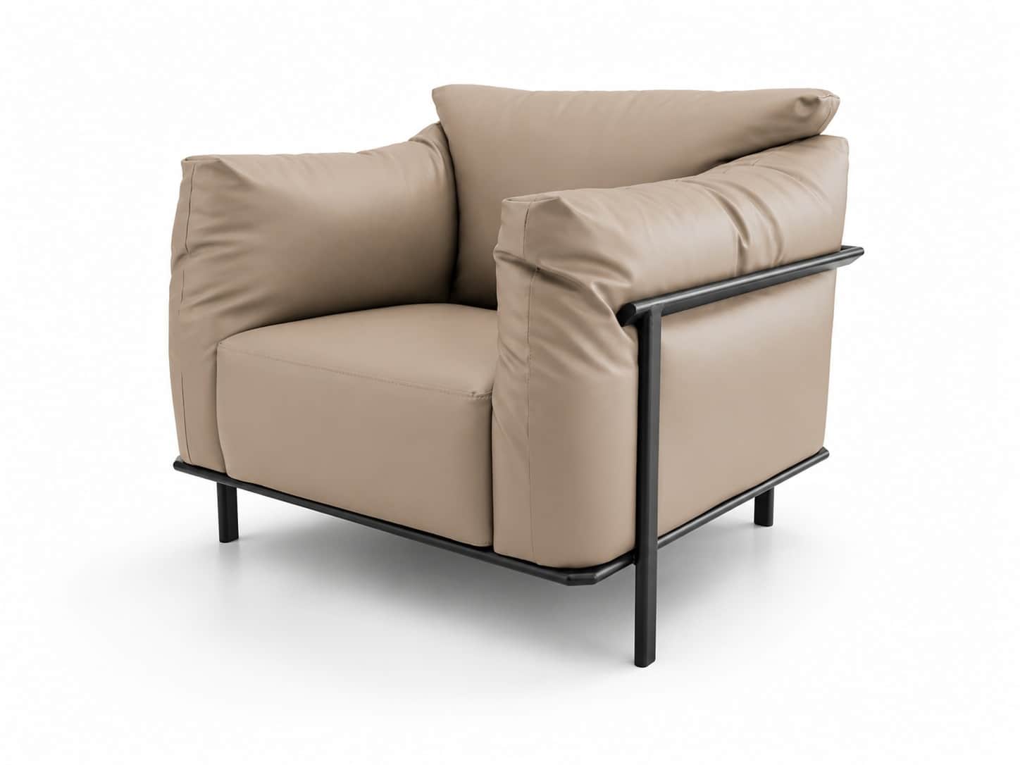 A modern lounge chair featuring plush, overstuffed cushions upholstered in smooth beige leather, sup… — 3D model