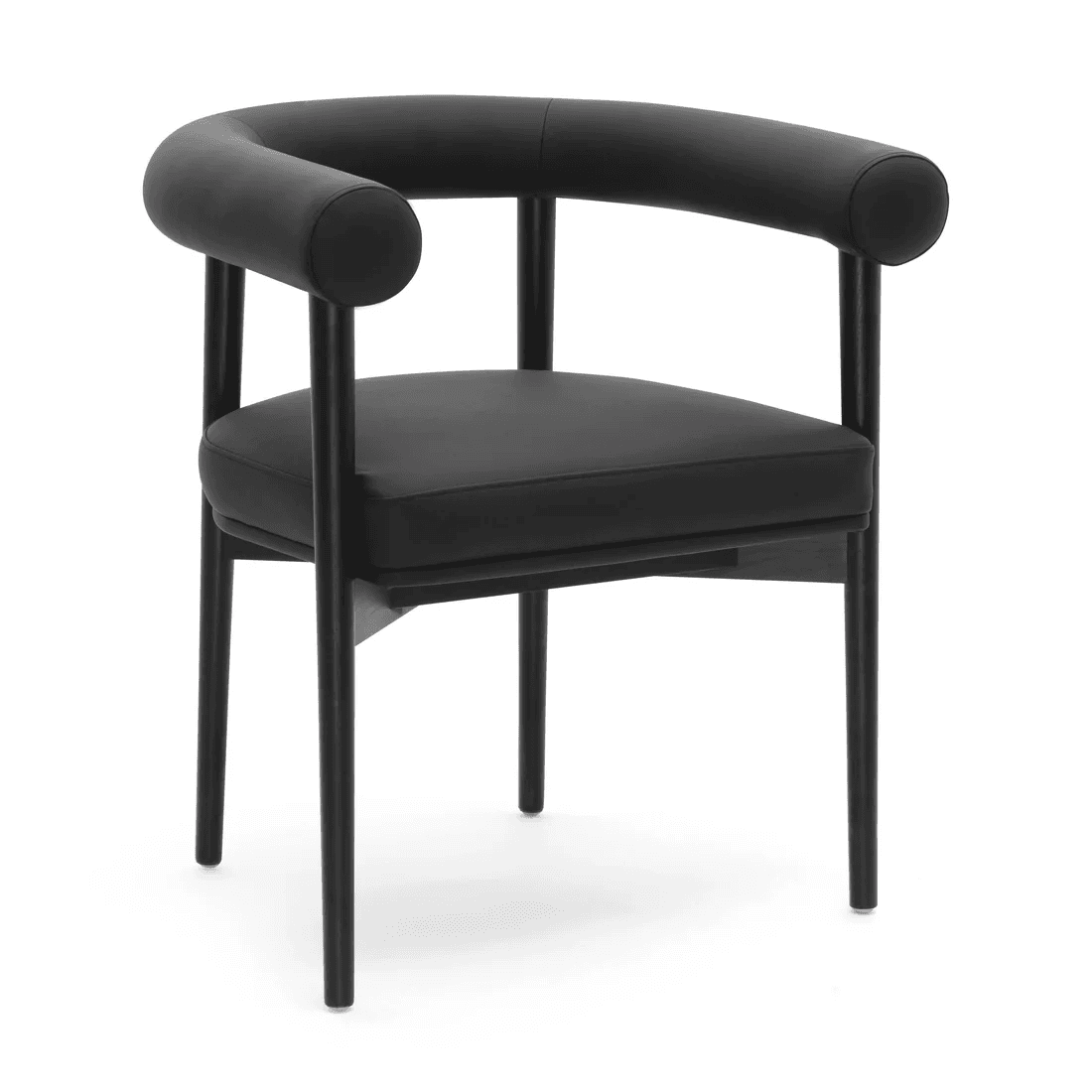 A modern armchair with a curved, upholstered backrest and armrests. The seat is also upholstered, and the chair has a minimalist frame with four slender legs. — 3D model