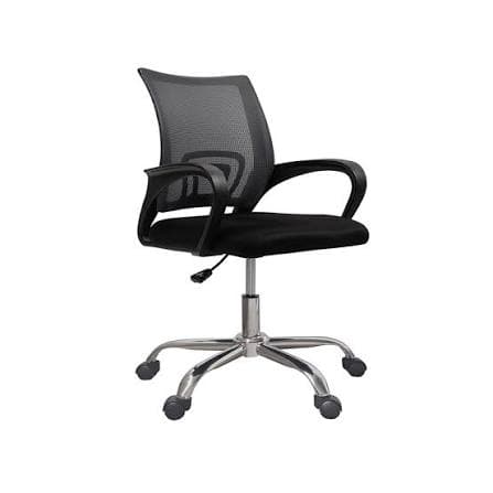 A modern office chair featuring a breathable black mesh backrest and a padded black fabric seat. It is equipped with fixed, curved plastic armrests and rests on a five-star chrome-plated metal base with dual-wheel casters for mobility. A lever for height adjustment is visible beneath the seat. — 3D model