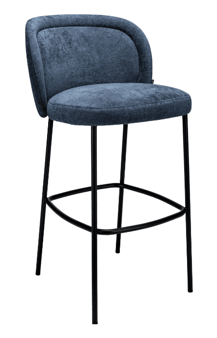 A contemporary bar stool featuring a rounded, fully upholstered backrest and seat in a textured blue-grey fabric, supported by slender black metal legs with an integrated square footrest. — 3D model