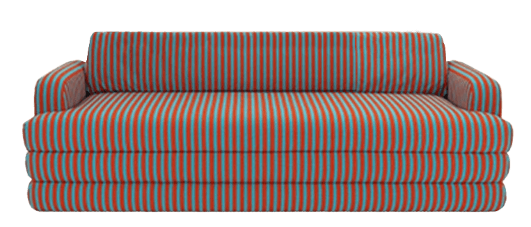 A sofa with a striped upholstery pattern featuring vertical stripes of red and teal. The sofa has a… — 3D model