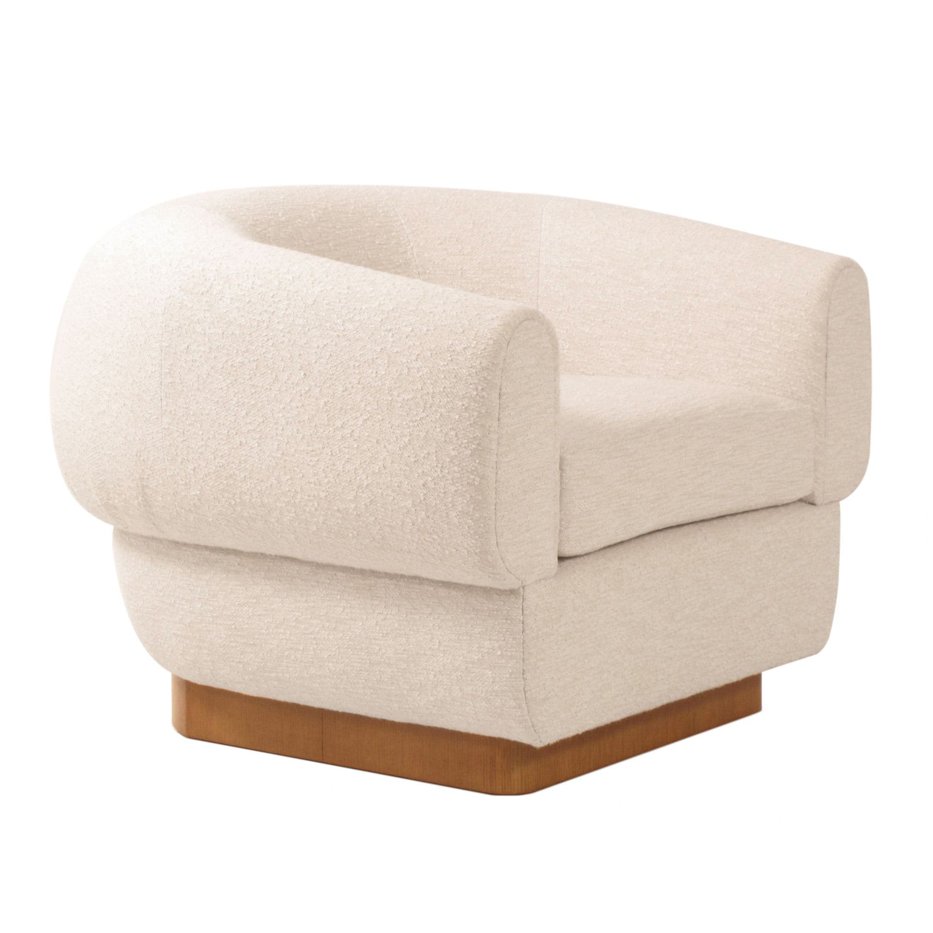 A cream-colored armchair with a rounded silhouette, featuring plush upholstery and a wooden base. The armchair has a continuous armrest and backrest forming a U-shape, with a low-profile wooden base. The upholstery appears to be a textured boucle fabric. — 3D model
