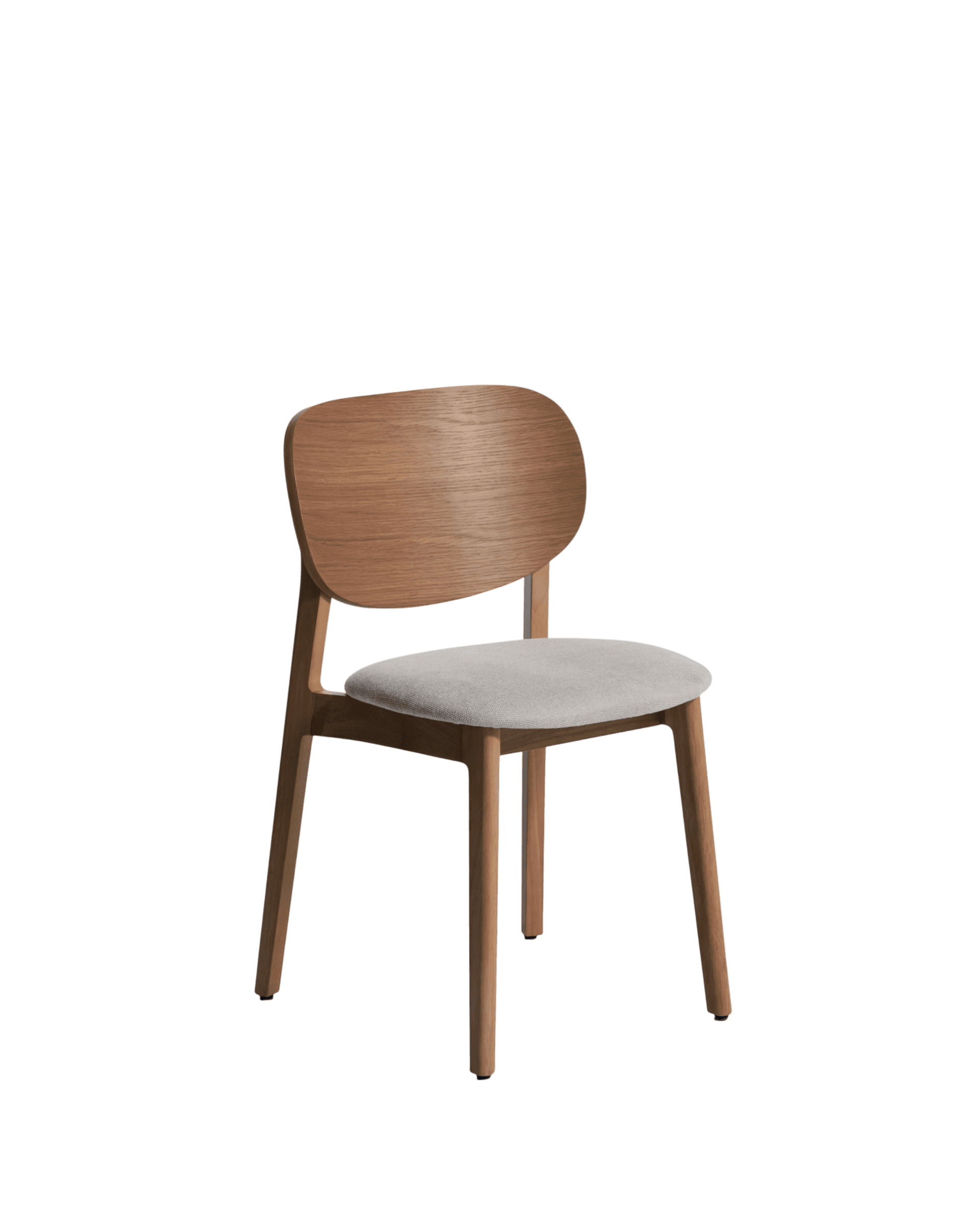 A modern dining chair constructed from light-toned wood, featuring an upholstered seat and a curved wooden backrest. The chair has a minimalist design with four tapered legs. — 3D model