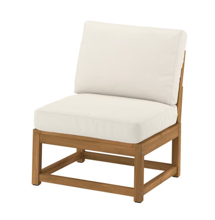 A modular outdoor seating unit featuring a robust wooden frame and thick, off-white upholstered cushions for both the seat and backrest. The design is armless, emphasizing its function as a component in a larger sectional arrangement. The visible wood grain suggests a natural, weather-resistant timber. — 3D model