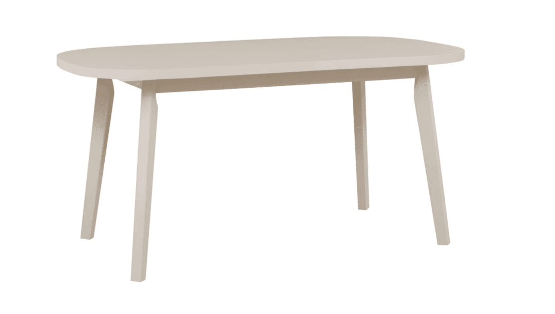 A minimalist oval coffee table with a light beige finish, featuring a smooth, rounded tabletop supported by four splayed and tapered legs. — 3D model