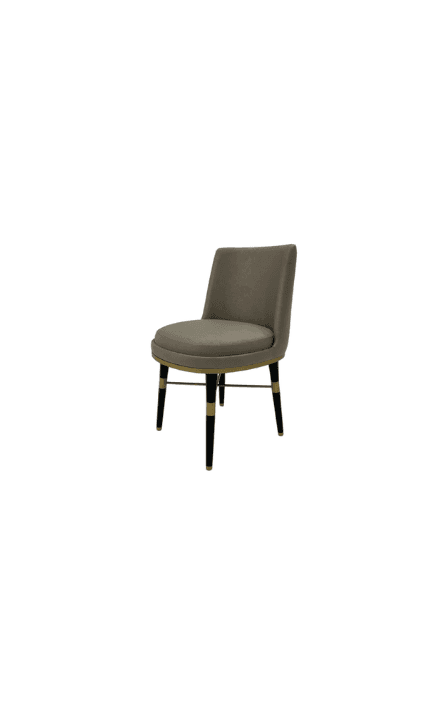 An elegant contemporary armless dining chair featuring grey upholstered seating, a gently curved backrest, and a distinct brass trim encircling the seat base. It stands on four tapered legs, which are black lacquered with striking brass accents. — 3D model