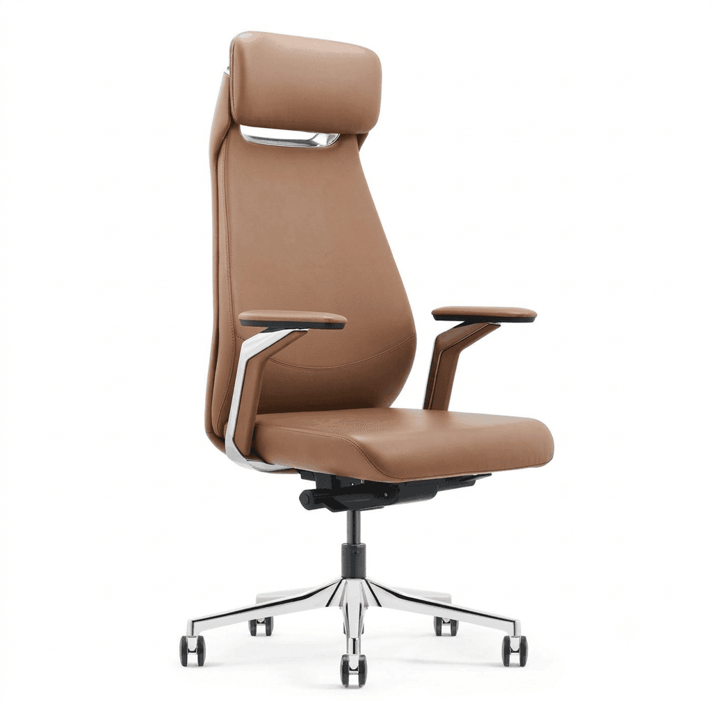 A high-backed executive office chair upholstered in tan or caramel-colored leather, featuring a mode… — 3D model