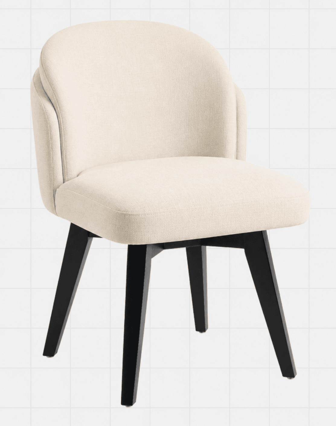 A contemporary upholstered swivel chair featuring a rounded backrest that seamlessly integrates into short, curved armrests. The seat is plush and rectangular with softened corners. It rests on a four-legged base made of dark, splayed, and tapered legs, with a visible swivel mechanism connecting the seat to the base. The chair is upholstered in a light, cream-colored, textured fabric. — 3D model