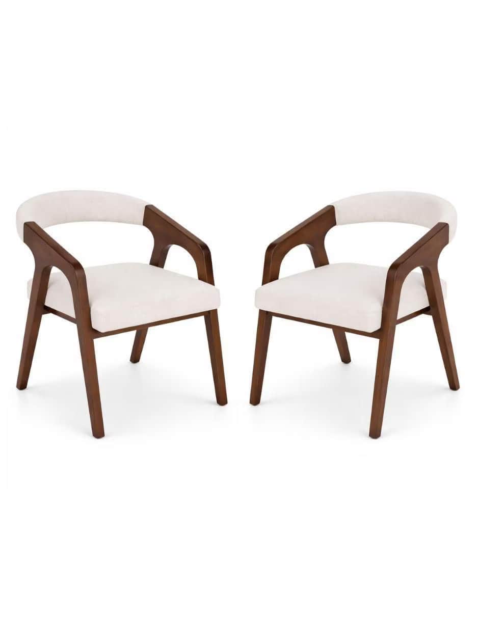 A contemporary dining armchair featuring a solid wood frame with a dark brown finish, a curved uphol… — 3D model