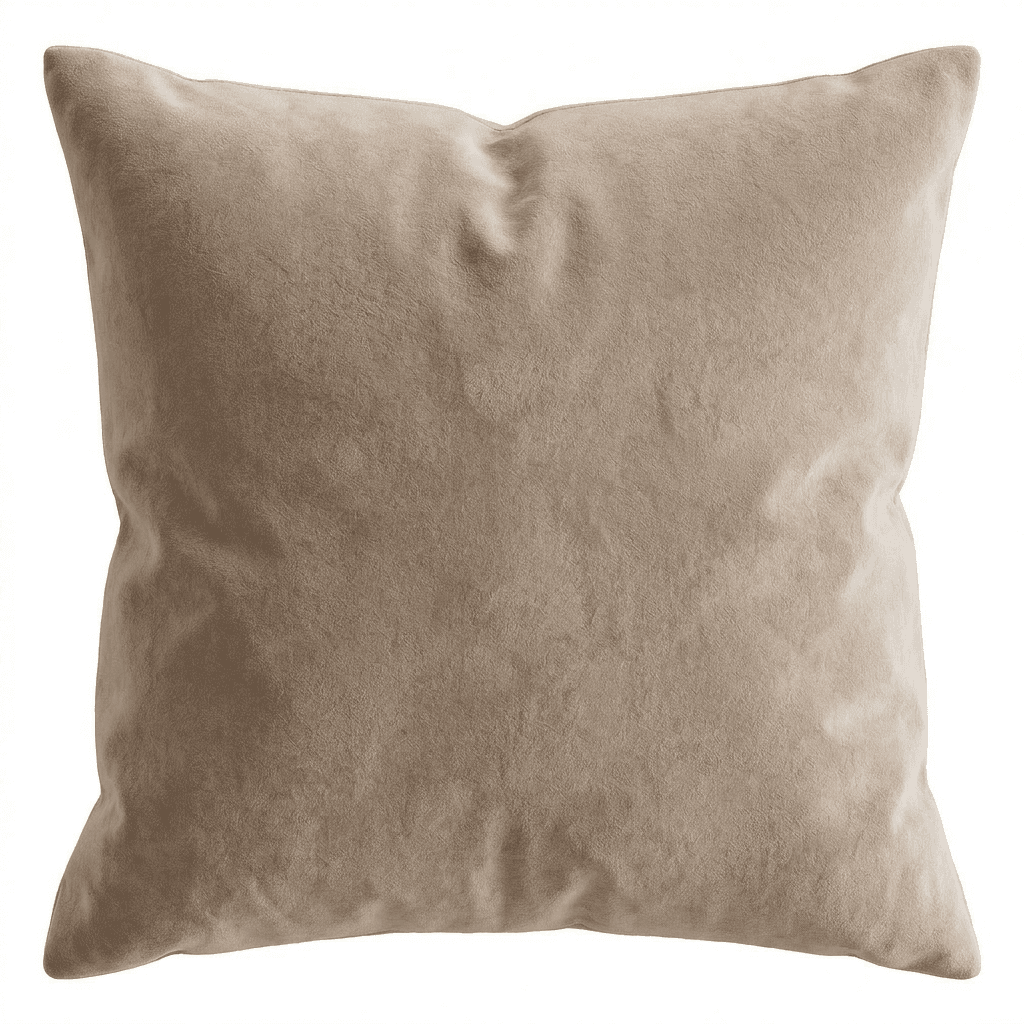 A square accent pillow with a plush, velvet-like texture. The pillow is filled to provide a soft and comfortable surface. Its neutral, sandy beige color makes it a versatile addition to various decor styles. The construction appears to be seamless, with a simple, clean finish. — 3D model