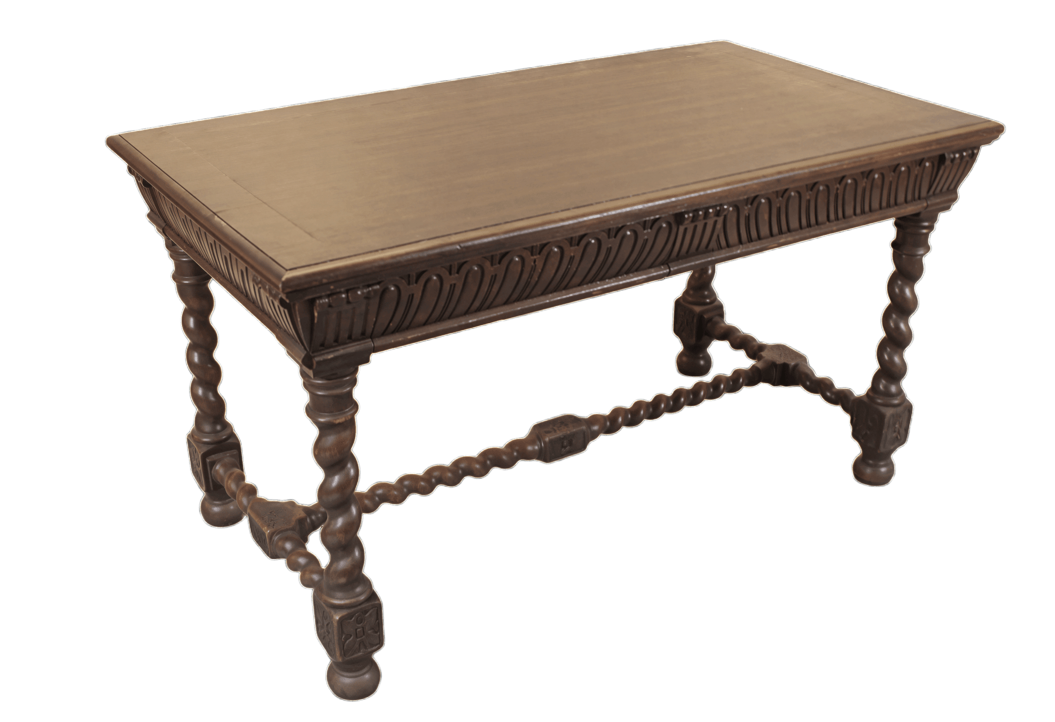 A rectangular console table crafted from dark wood, featuring a deeply carved apron with ornate scrollwork. It stands on four distinctive barley twist legs connected by matching barley twist stretchers, terminating in square blocks and turned feet. The design evokes a traditional, possibly Jacobean Revival aesthetic. — 3D model