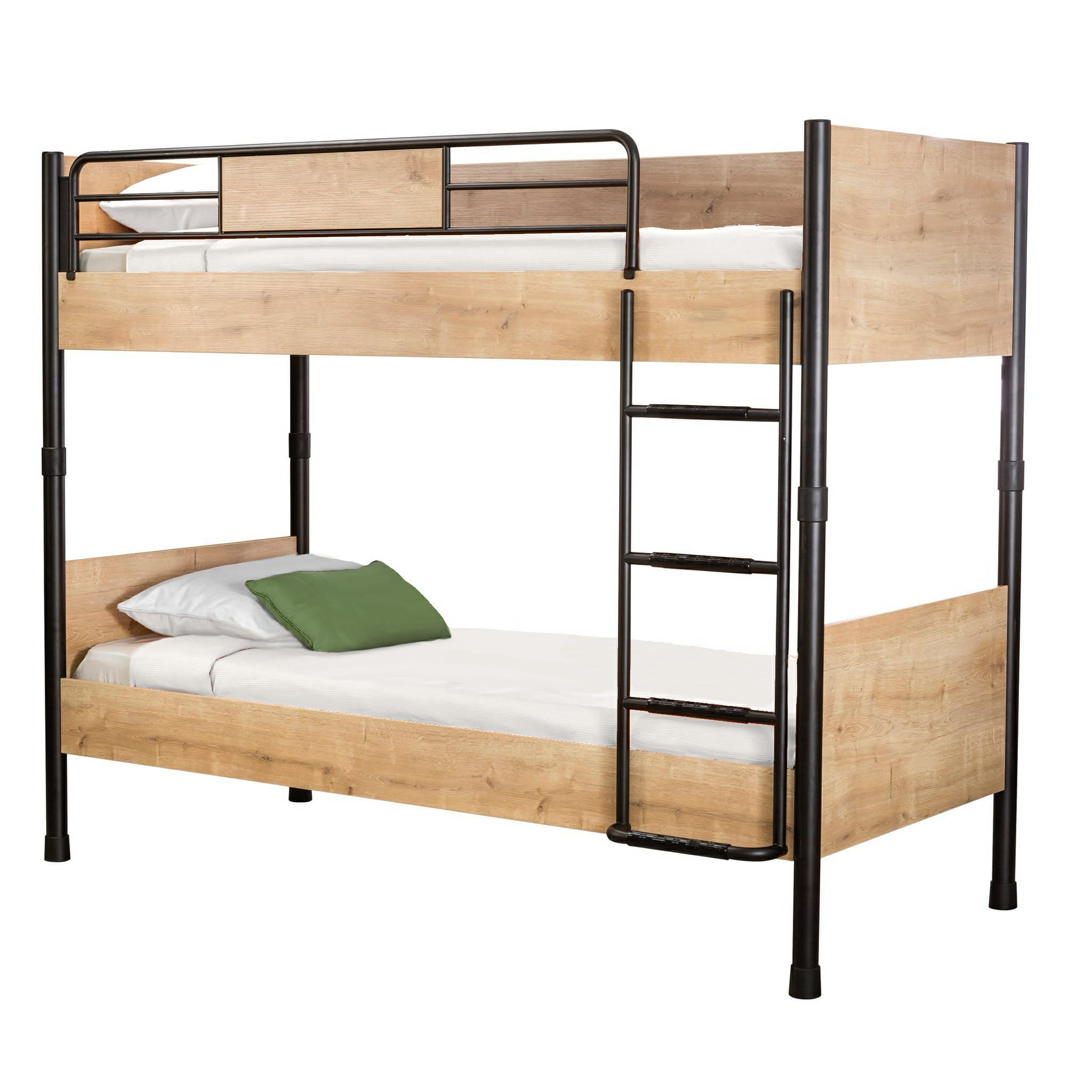 A bunk bed designed for two mattresses, featuring a metal frame with wooden-effect panels. The structure consists of two stacked beds, a ladder for access to the upper bunk, and a safety rail on the upper bunk. The lower bunk has a headboard panel and side rails. The frame is constructed from black metal tubing, and the panels are a light wood grain laminate. — 3D model