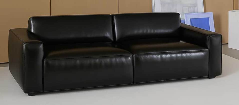 A contemporary two-seater sofa upholstered in black leather or faux leather, featuring a minimalist… — free GLTF 3D model