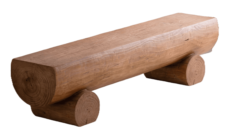A rustic bench crafted from large, natural wood logs, featuring a flattened top for seating and two smaller log sections serving as perpendicular supports. — 3D model