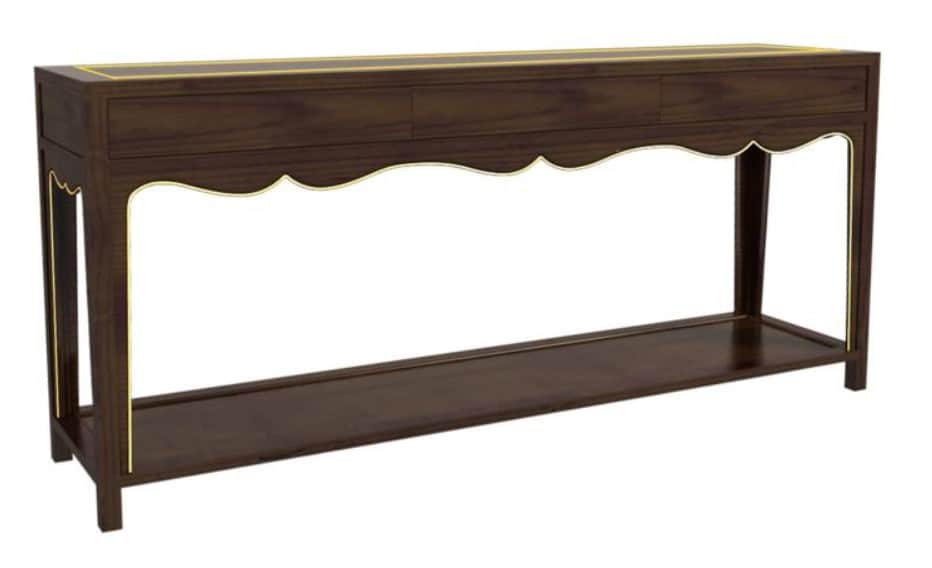 A long, narrow dark wood console table featuring three drawers, a lower shelf, and distinctive scall… — 3D model