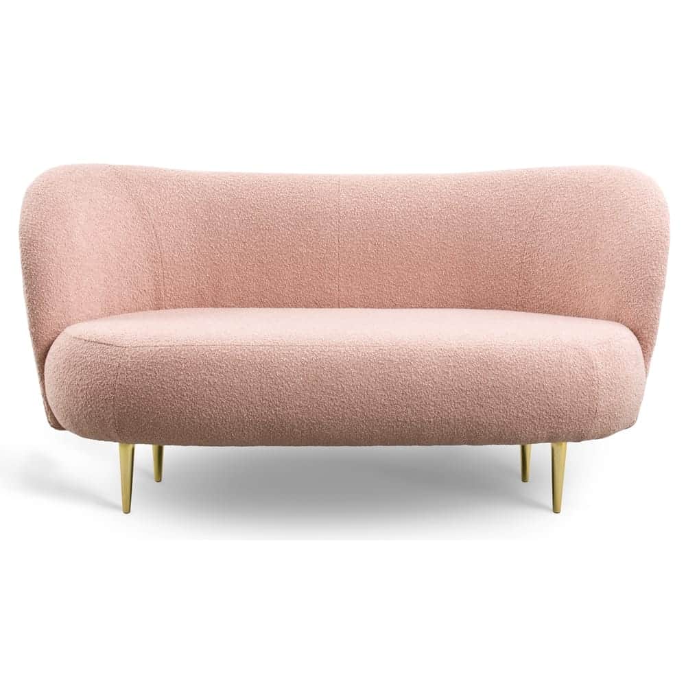 A modern sofa with a rounded back and seat, upholstered in a textured boucle fabric. It is supported… — 3D model
