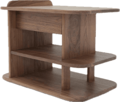 A compact, multi-tiered end table constructed from solid wood. It features a top surface with slightly rounded edges and a raised lip at the back. Below the top surface, there is a single drawer integrated into the structure. The table has two open shelving levels, with the lower shelf extending slightly forward and supported by cylindrical legs. The overall design is minimalist and modern. — 3D model