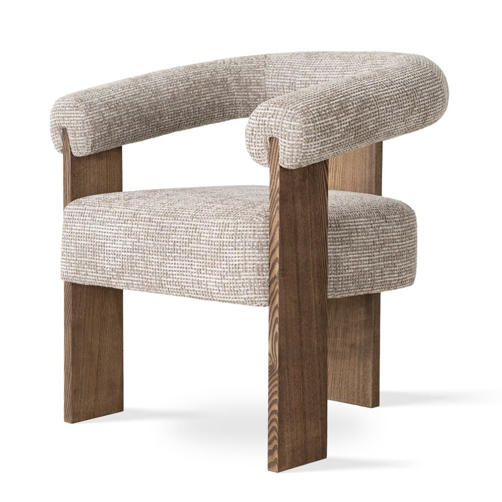 A modern armchair with a curved, upholstered backrest that extends into armrests. The frame consists of prominent, angular wooden legs and supports. The upholstery is a textured, light-colored fabric. — 3D model