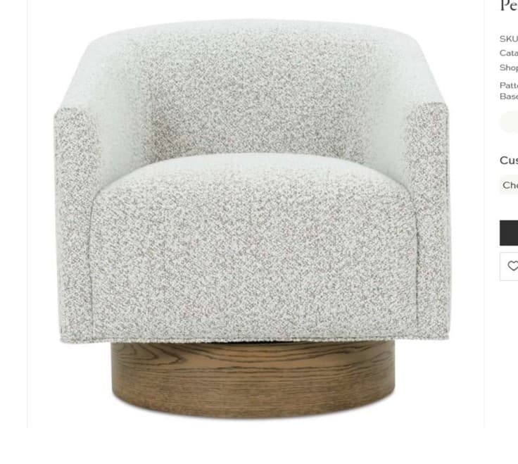 A modern armchair with a swivel base. The armchair features a rounded, upholstered body with low profile arms integrated into the backrest. The base is a circular wooden pedestal with a visible wood grain texture. — 3D model