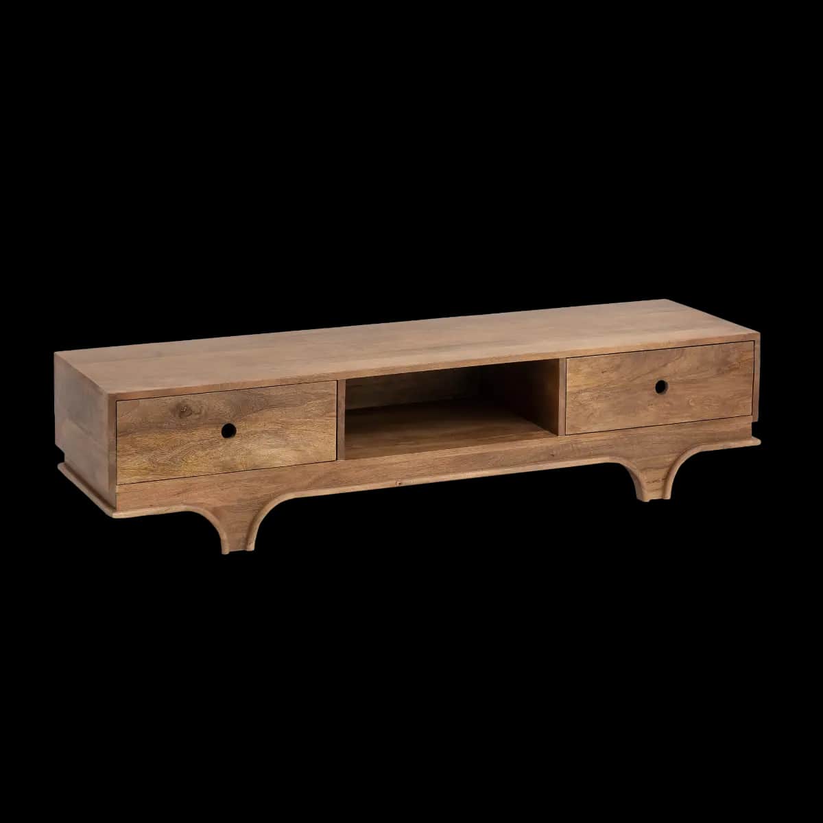 A long, low wooden TV stand with two drawers and an open shelf in the center. The stand features a n… — 3D model