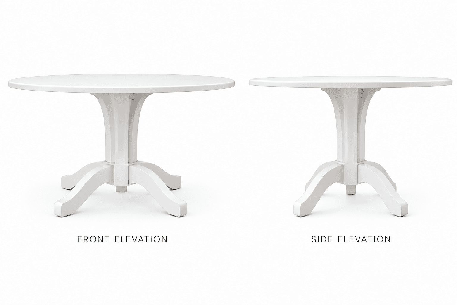 A white round table featuring a central pedestal base with a fluted column and four splayed, curved feet. The table top is round and smooth, presented in both front and side elevations. — 3D model
