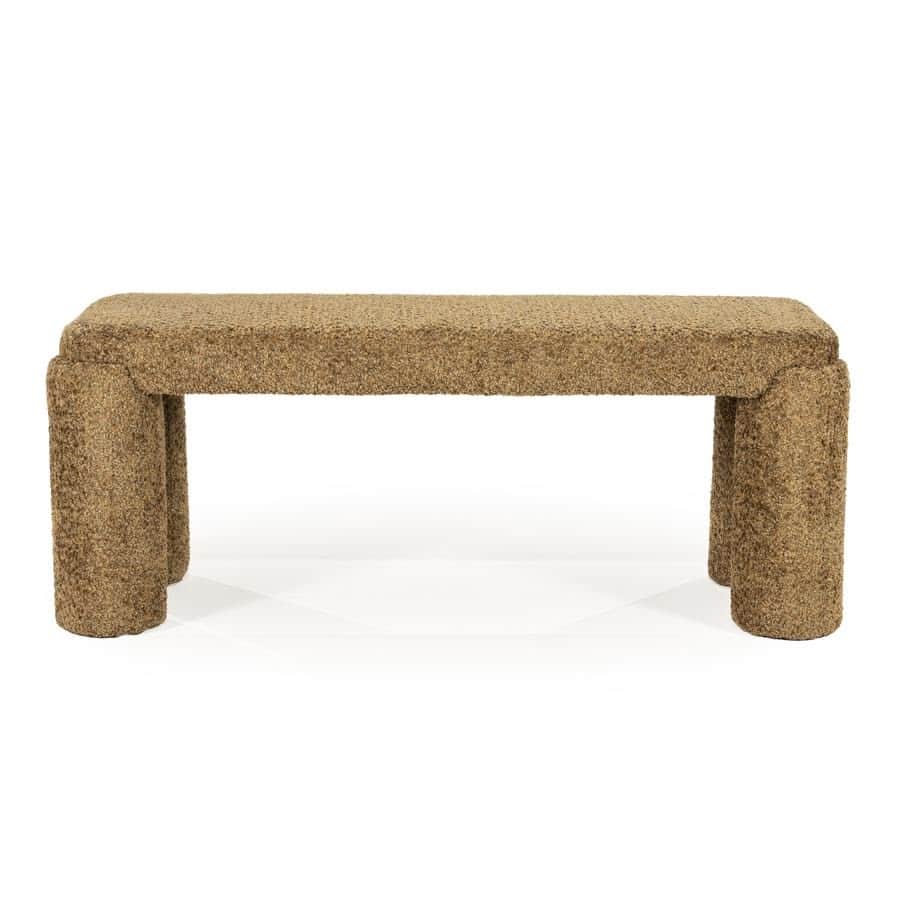 A fully upholstered bench featuring a rectangular top and four stout, cylindrical legs, all covered… — 3D model