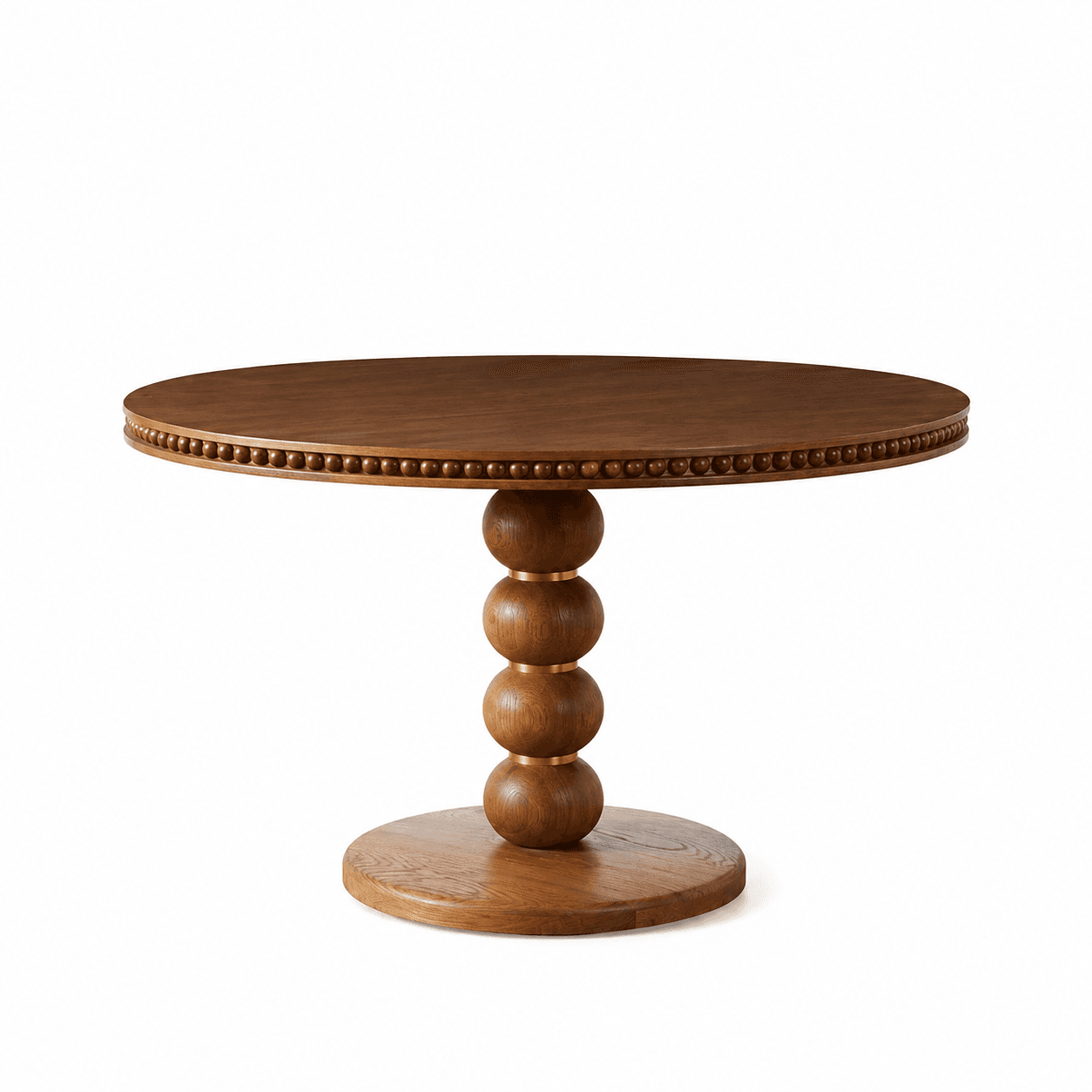A round dining table with a wooden pedestal base. The tabletop is circular and features a decorative… — 3D model