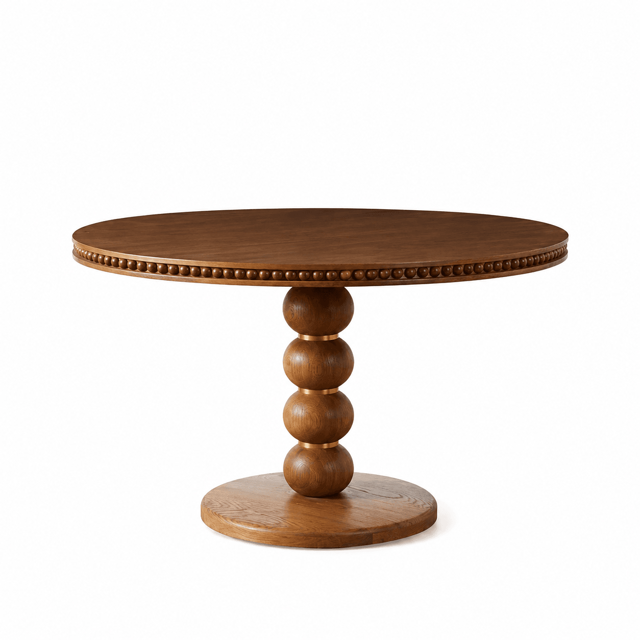 A round dining table with a wooden pedestal base. The tabletop is circular and features a decorative beaded edge. The pedestal is composed of stacked spherical wooden elements, separated by thin metallic bands. The base is a wide, flat circular disk. — 3D model