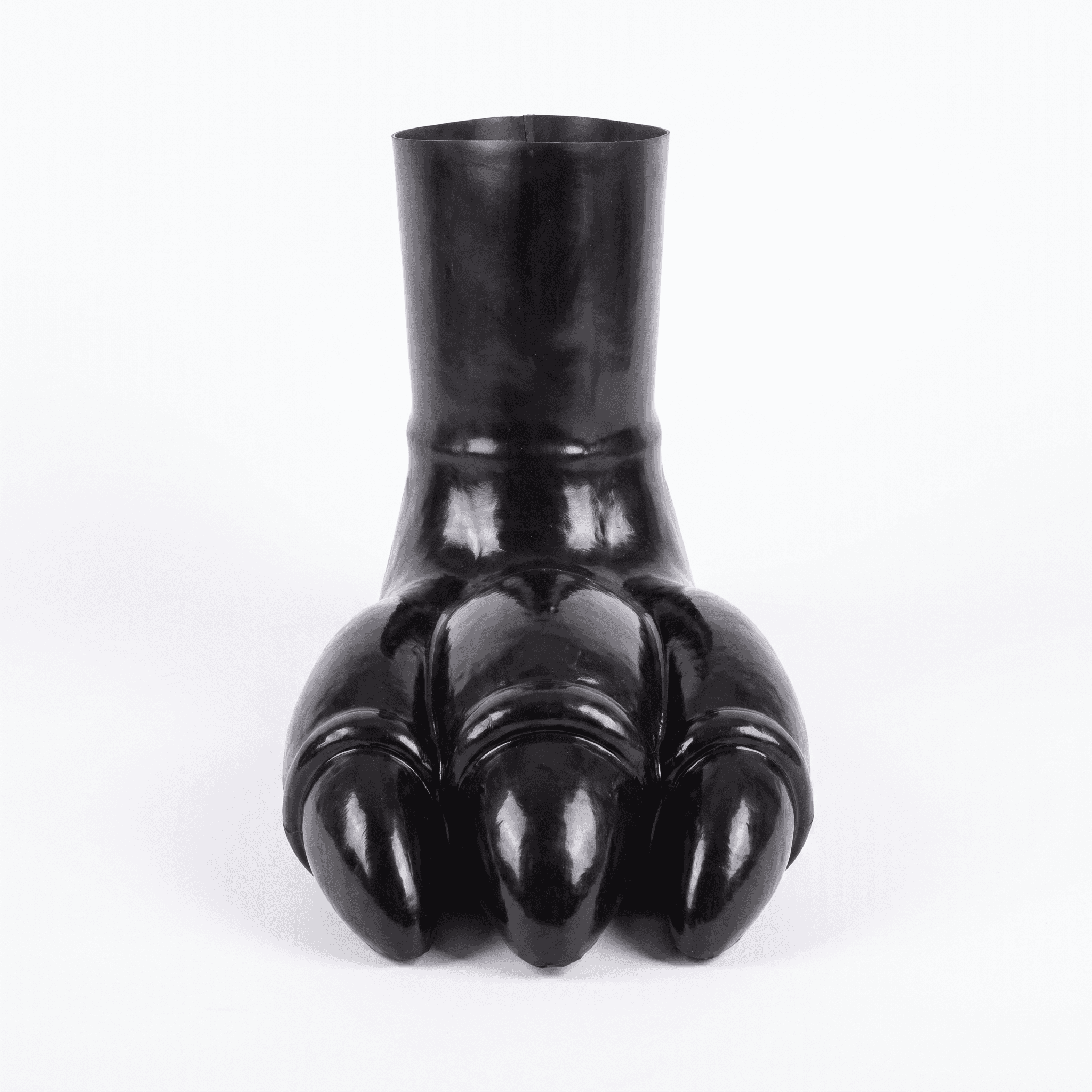 A black, glossy decorative object shaped like a large, stylized animal paw or clawed foot, with a cy… — 3D model