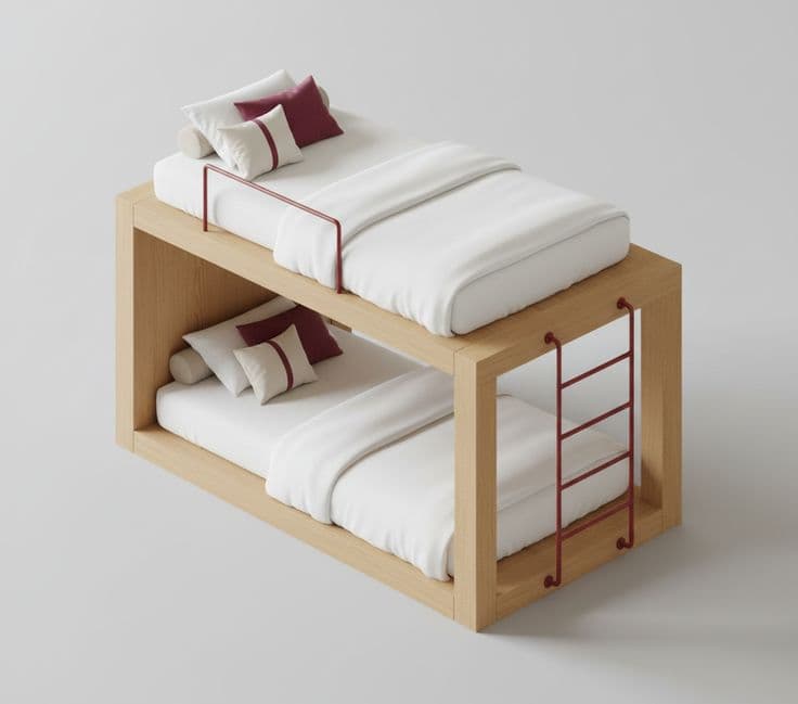 A modern and minimalist bunk bed featuring a light-toned wooden frame that encloses two sleeping platforms, complete with white bedding and accent pillows. A contrasting red tubular metal ladder provides access to the top bunk, which also includes a matching red guardrail. — 3D model