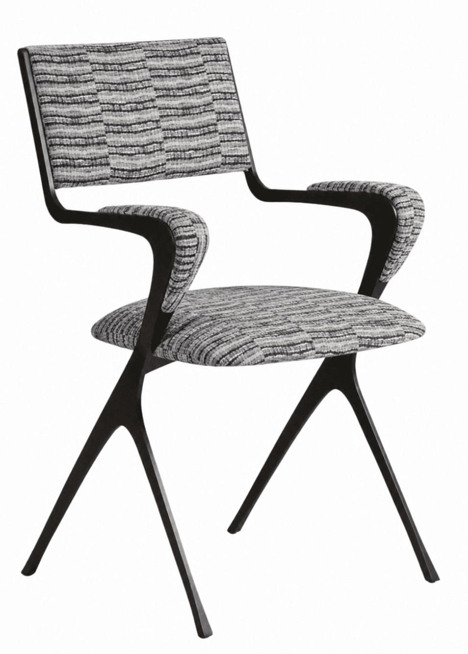 An armchair with a dark, curved wooden frame and upholstered seat, backrest, and armrests. The upholstery features a textured geometric pattern in shades of grey, black, and white. The chair has a distinctive base with four splayed legs. — 3D model