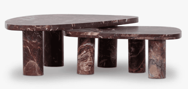 A set of two nesting tables crafted from reddish-brown marble, featuring distinct white, grey, and b… — 3D model