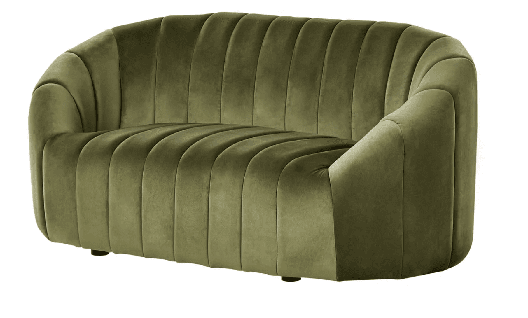 A compact, modern loveseat upholstered in olive green velvet, featuring distinctive vertical channel tufting on the backrest, seat, and integrated rolled arms. — 3D model
