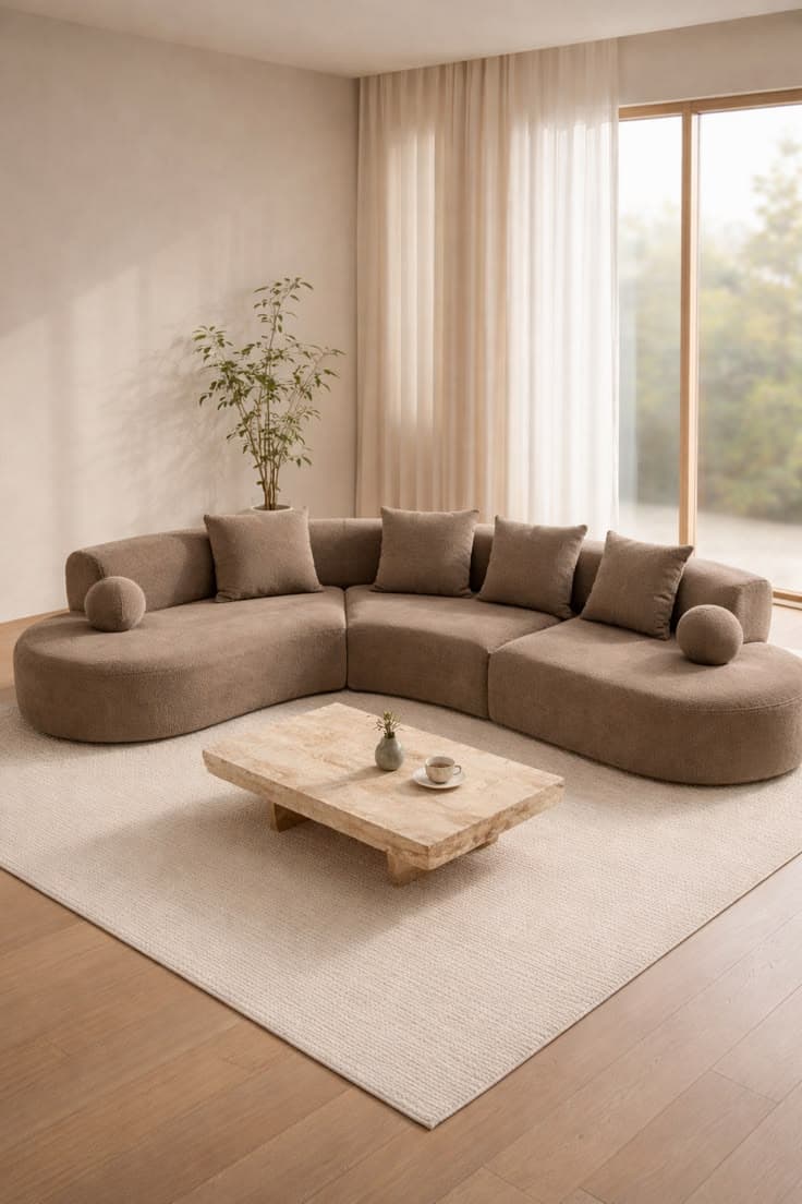 A contemporary curved modular sectional sofa upholstered in a light taupe bouclé fabric, featuring a low-profile design and soft, organic lines. It includes matching square back cushions and spherical accent pillows. — 3D model