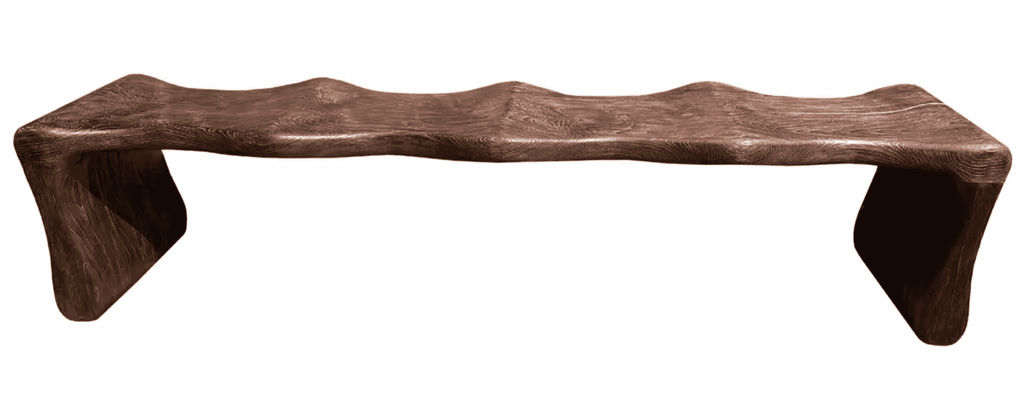 A wooden bench with a flowing, undulating design, resembling waves or curves. The bench has a single… — 3D model