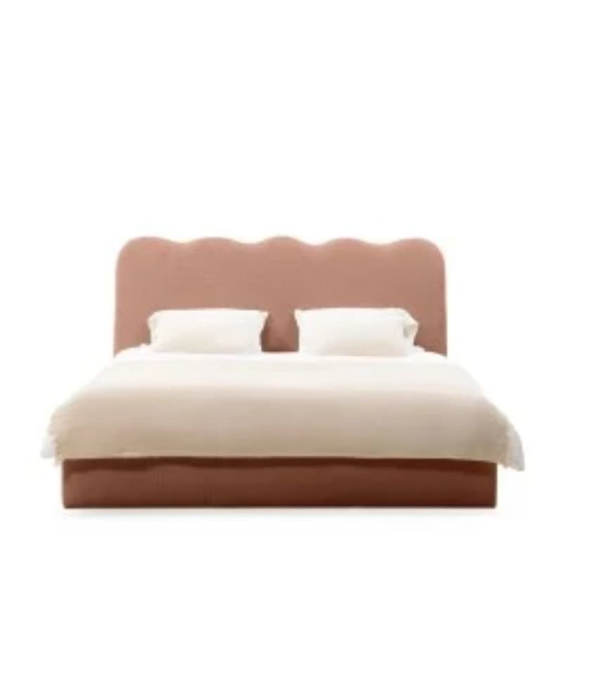 A bed frame with a scalloped headboard. The bed is upholstered and features a low profile frame. It is dressed with two white pillows and a light beige comforter with white trim. — 3D model