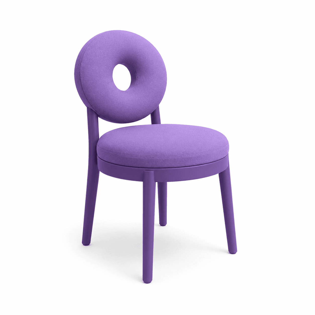A vibrant purple, contemporary chair featuring a distinctive donut-shaped backrest and an upholstered seat. The chair is armless, supported by four solid, tapered legs that match the monochromatic purple finish of the frame and upholstery. — 3D model