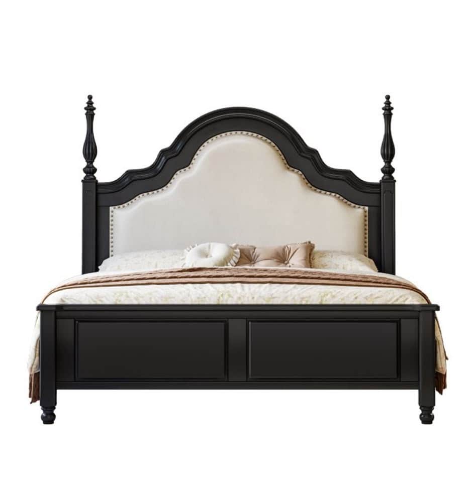 A traditional-style bed frame featuring a black wooden structure and a cream-colored upholstered hea… — free BLEND 3D model