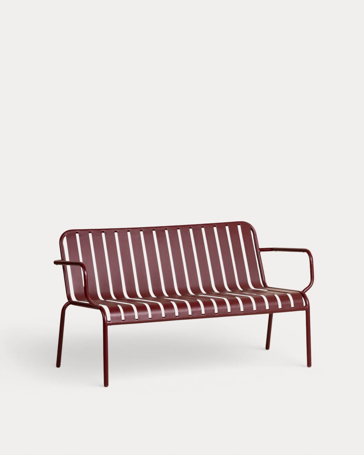 A maroon-colored, modern slatted metal bench with a minimalist design, featuring a curved back and integrated armrests, suitable for outdoor use. — 3D model