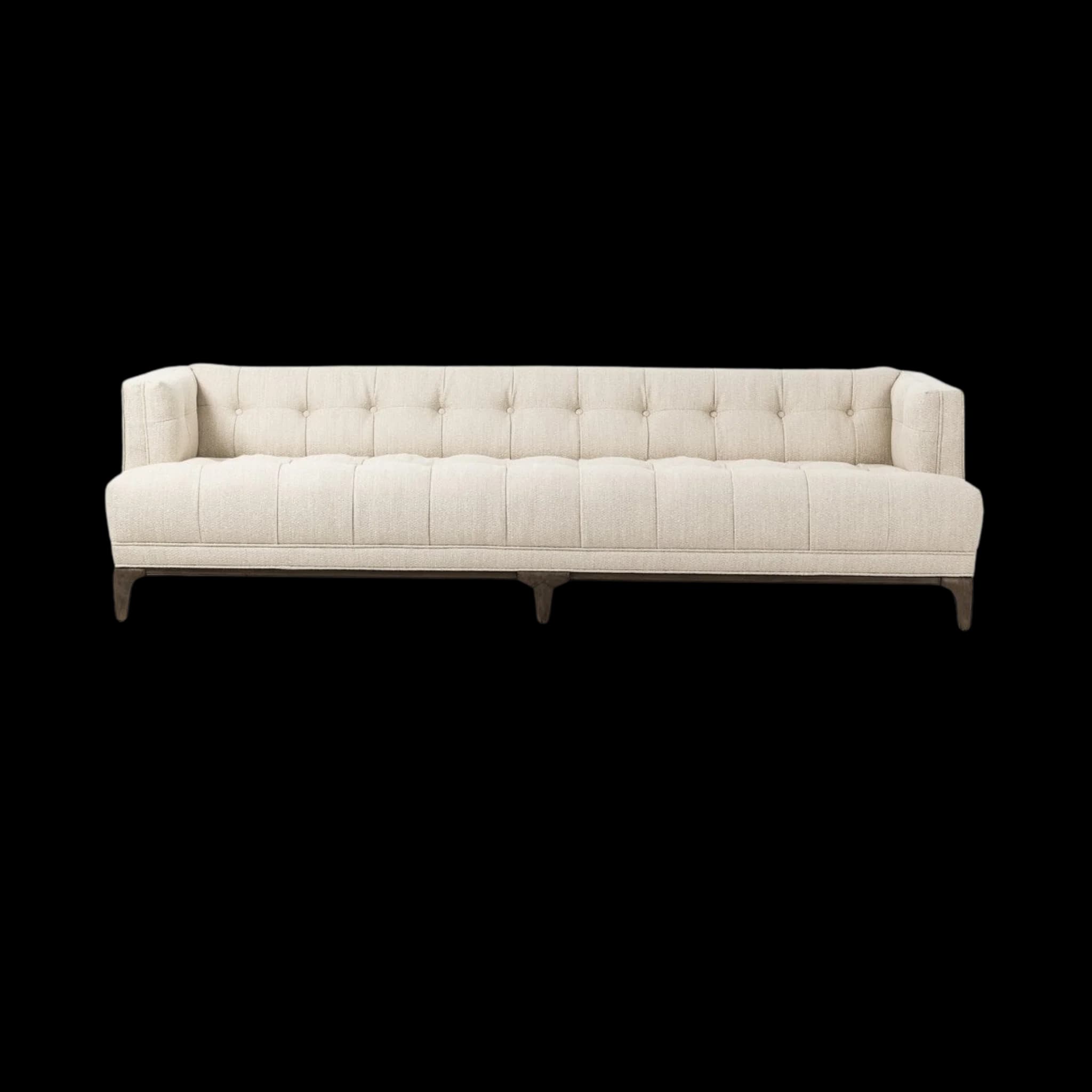 A long, contemporary sofa featuring a clean-lined silhouette and sophisticated button tufting on both the backrest and the seat cushions. It is upholstered in a light, neutral-toned fabric, likely linen or a textured blend, which complements the dark wood tapered legs. The armrests are subtly rolled or gently sloped, integrating smoothly with the backrest, contributing to its refined aesthetic. The exposed wooden base frame adds a touch of mid-century or transitional design influence. — 3D model