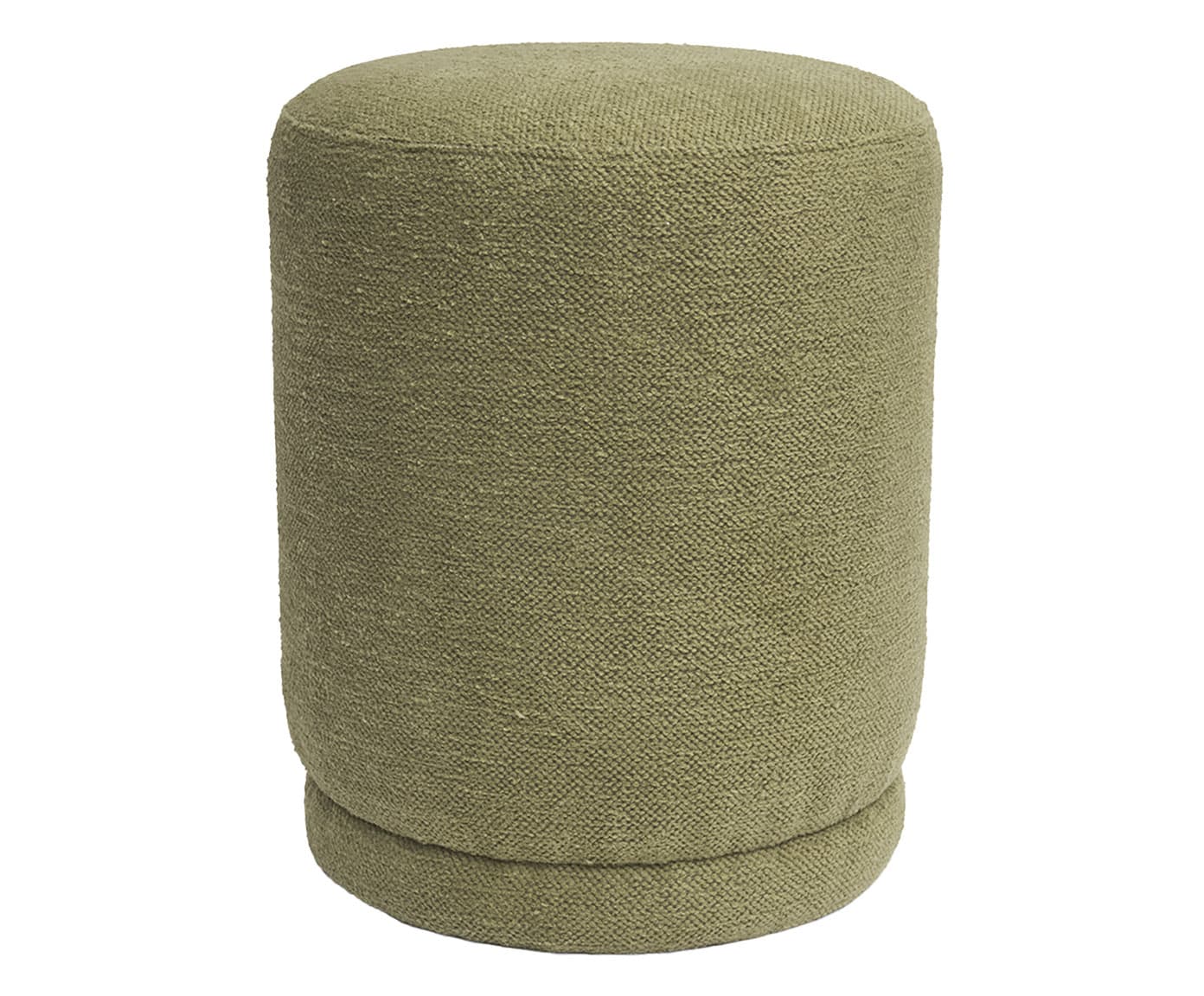 A cylindrical, fully upholstered ottoman covered in a textured, olive-green fabric. It features a subtly wider, rounded base, presenting a soft, monolithic form. — 3D model
