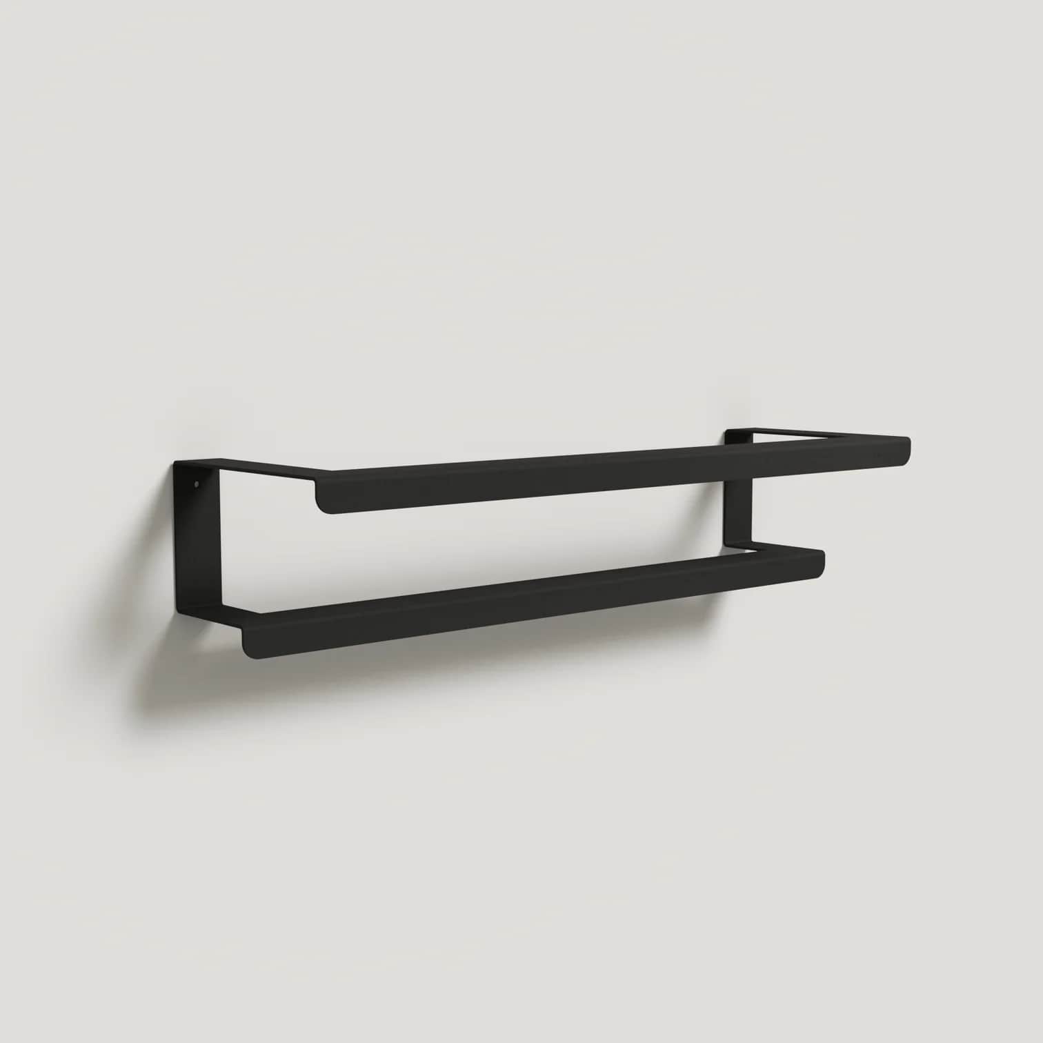 A minimalist, wall-mounted shelving unit crafted from black metal, featuring two parallel horizontal… — 3D model