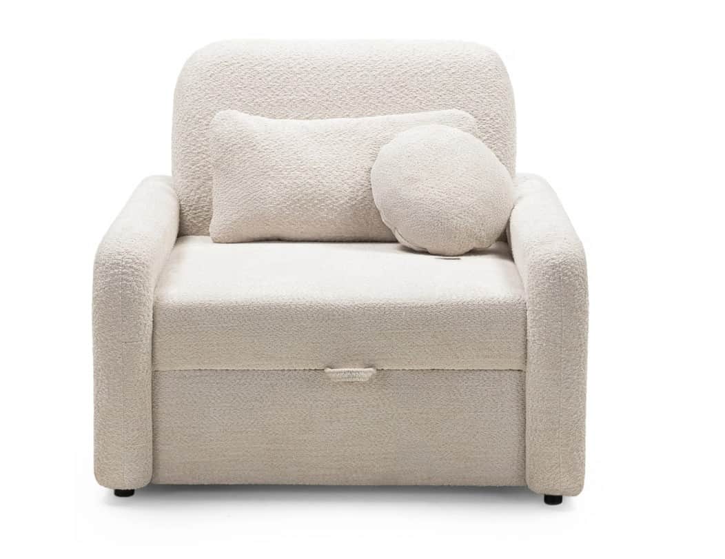 A single-seater upholstered armchair designed to convert into a bed, featuring soft, rounded contour… — 3D model